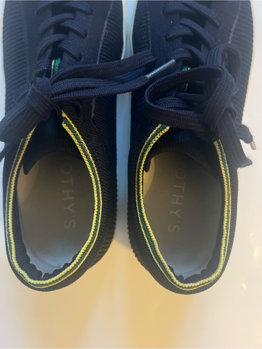 Rothy’s The Lace Up Knit Comfort Casual Sneaker in Navy& Lime Green Trim - Picture 4 of 12